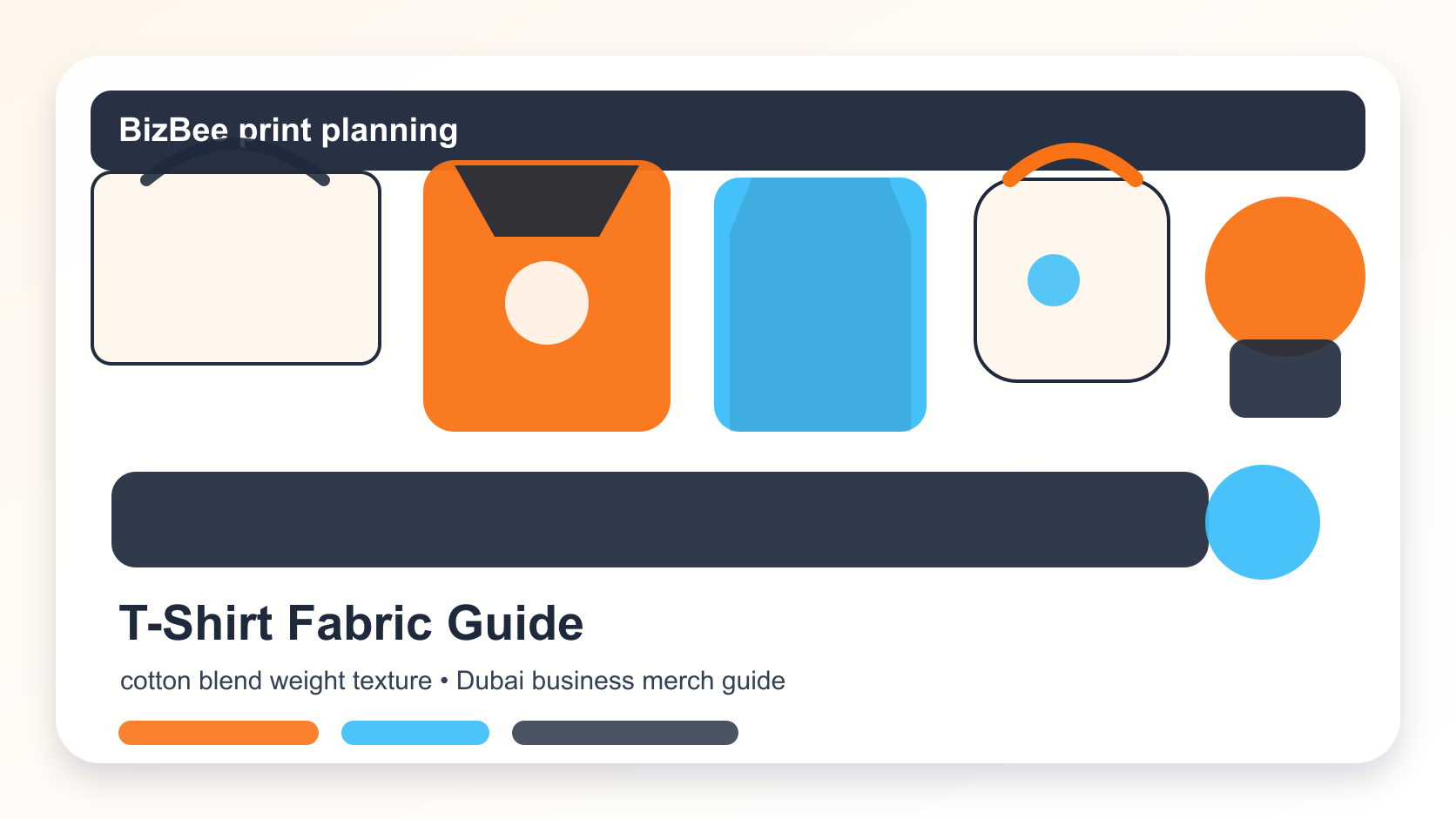 BizBee apparel and promotional product guide visual for how to choose t-shirt fabric for printing showing T-shirt fabric samples with cotton, polyester, blends, weights and print compatibility notes.