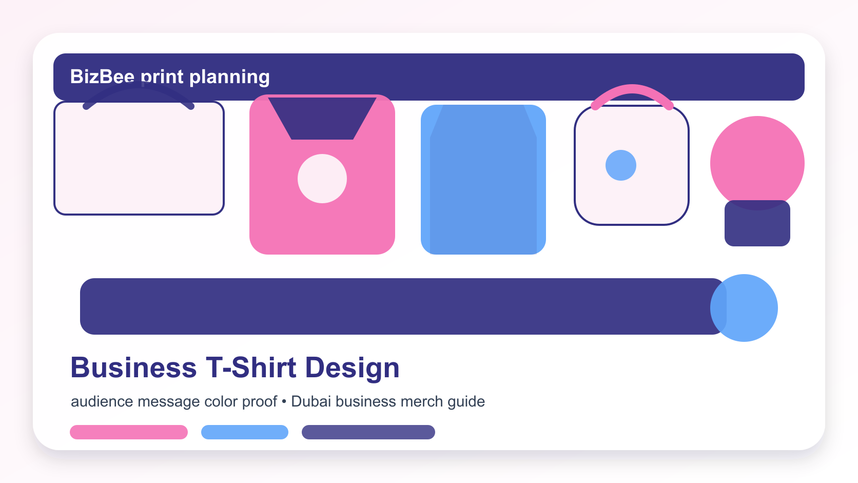 BizBee apparel and promotional product guide visual for how to design a t-shirt for your business showing T-shirt design process from concept and logo to placement, color and proof.