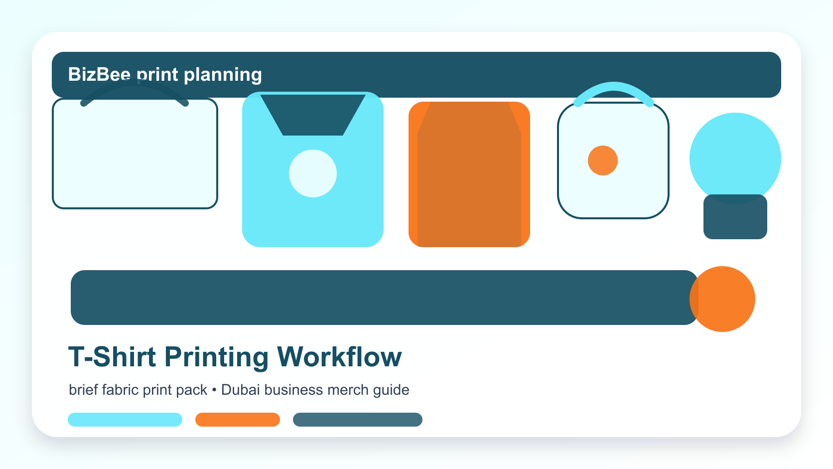 BizBee apparel and promotional product guide visual for how to print t-shirts for your business showing full T-shirt printing workflow from brief and design to fabric, print proof and packed shirts.