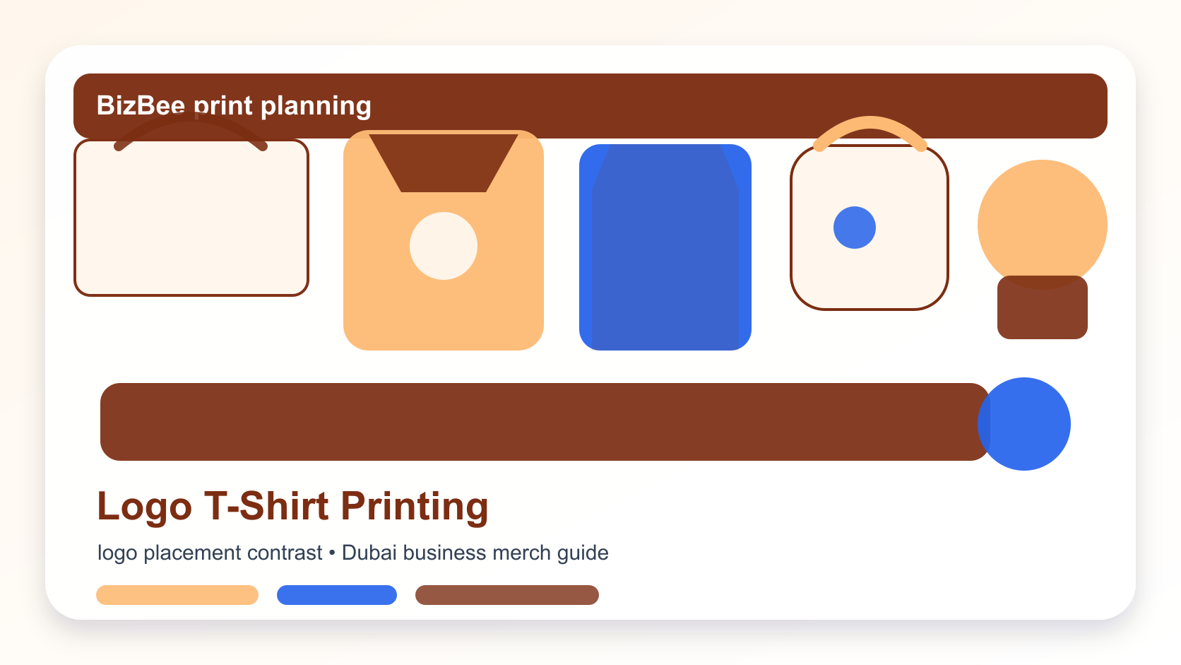 BizBee apparel and promotional product guide visual for how to print a logo on a t-shirt showing logo placement options on T-shirts with chest, front, back and sleeve positions.