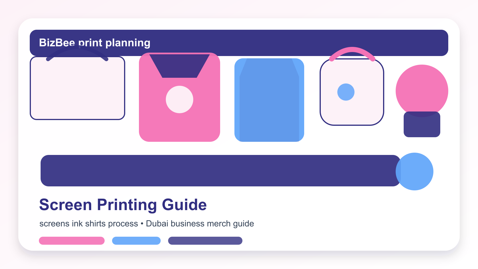 BizBee apparel and promotional product guide visual for what is screen printing? a business guide showing screen printing process with artwork, screens, ink layers, shirts and finished apparel.