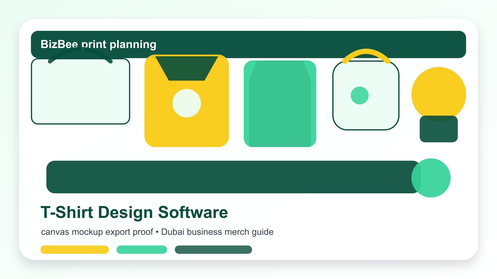 BizBee apparel and promotional product guide visual for best t-shirt design software for business merchandise showing T-shirt design workflow from software canvas to mockup, file export and print proof.