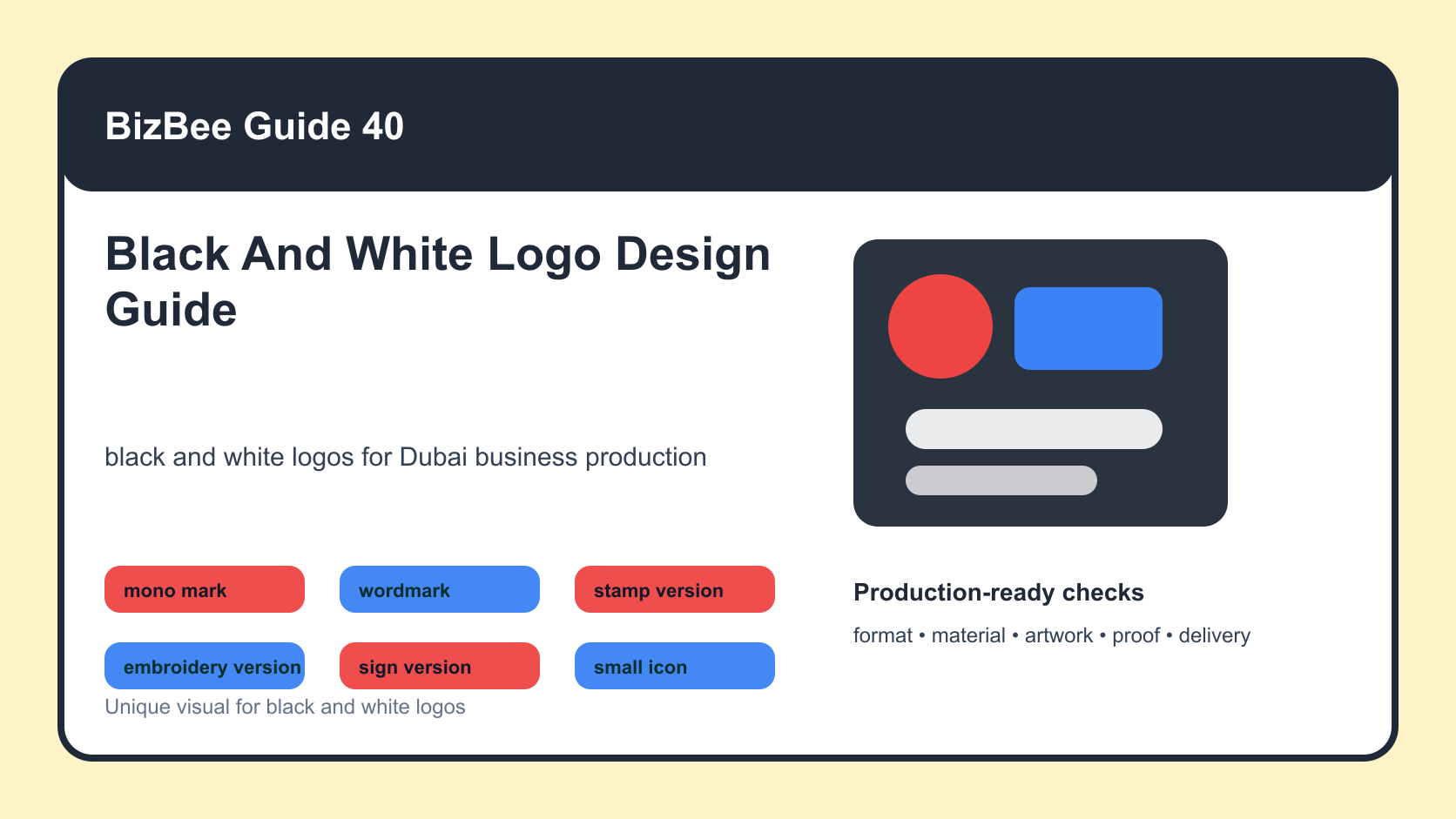 BizBee guide visual for black and white logo design guide showing black and white logo board with mono mark, wordmark, stamp, embroidery, signage and small icon tests.