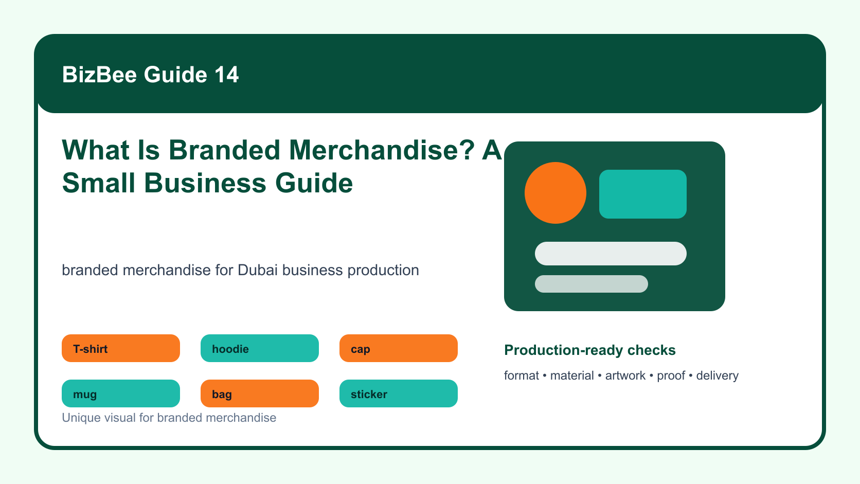 BizBee guide visual for what is branded merchandise? a small business guide showing branded merchandise ecosystem with apparel, mug, bag, sticker, packaging and staff use cases.