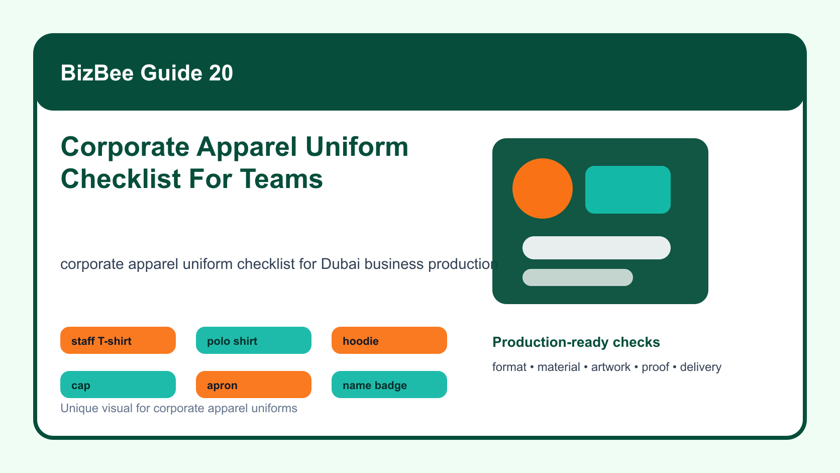 BizBee guide visual for corporate apparel uniform checklist for teams showing corporate uniform checklist board with shirts, caps, aprons, badges, role colors and reorder notes.