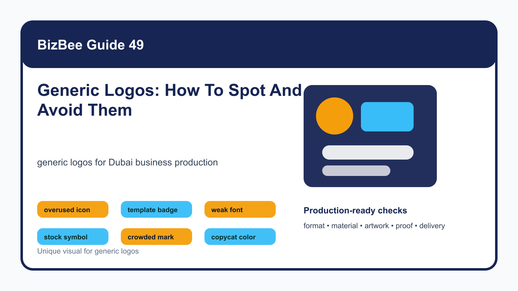 BizBee guide visual for generic logos: how to spot and avoid them showing generic vs improved logo board with overused icons, weak fonts, crowded marks and stronger alternatives.