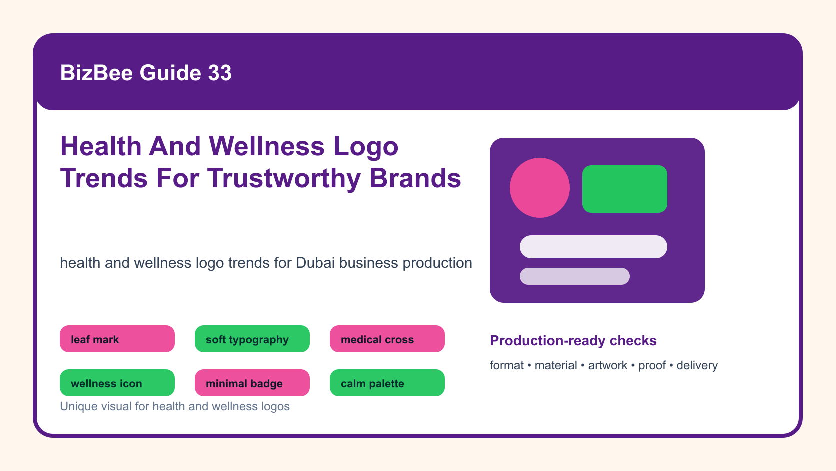 BizBee guide visual for health and wellness logo trends for trustworthy brands showing health and wellness logo board with calm colors, symbols, type styles, card, sign and uniform applications.