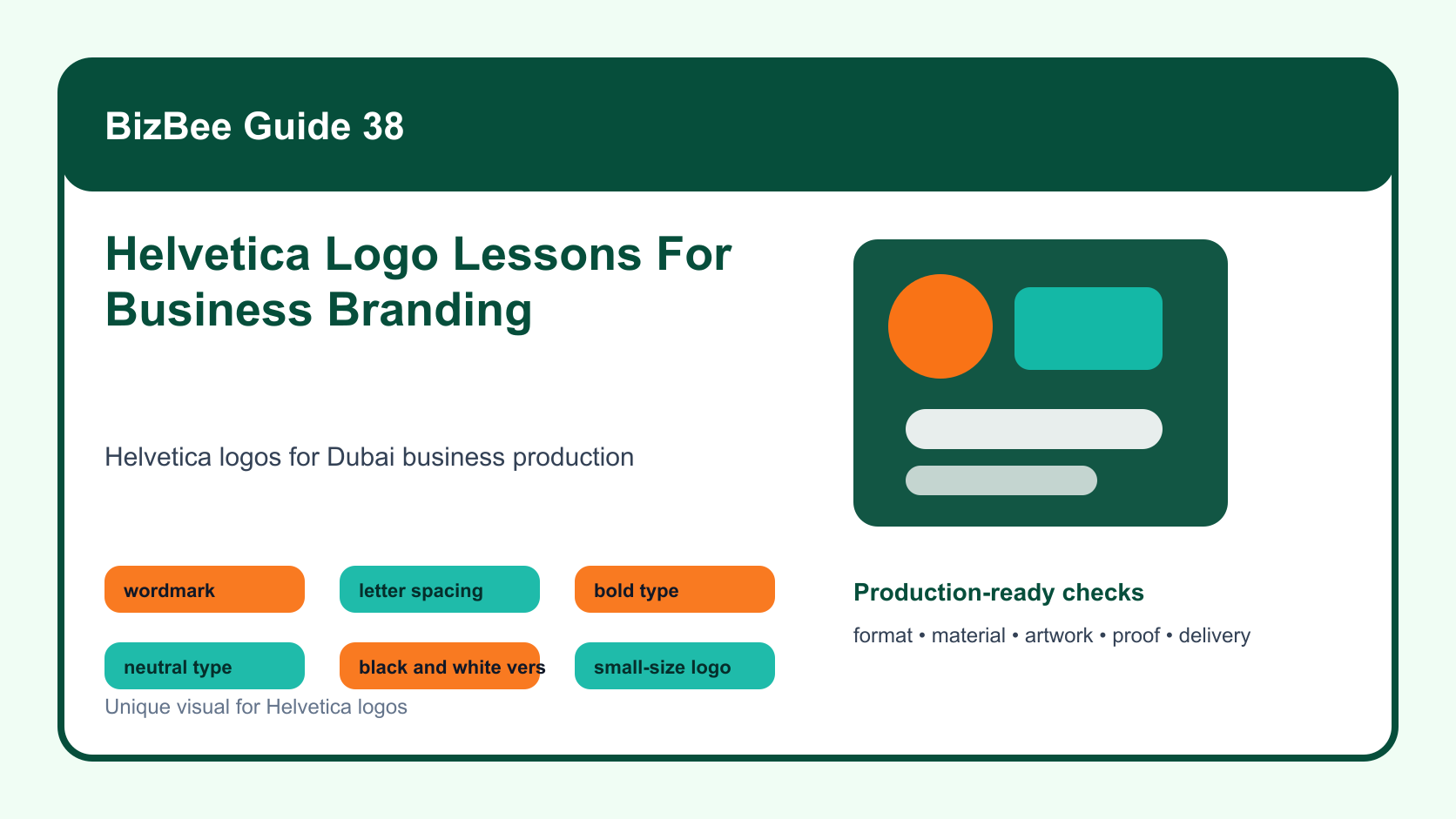 BizBee guide visual for helvetica logo lessons for business branding showing typographic logo board with wordmarks, spacing, black-and-white versions, cards, signs and packaging.