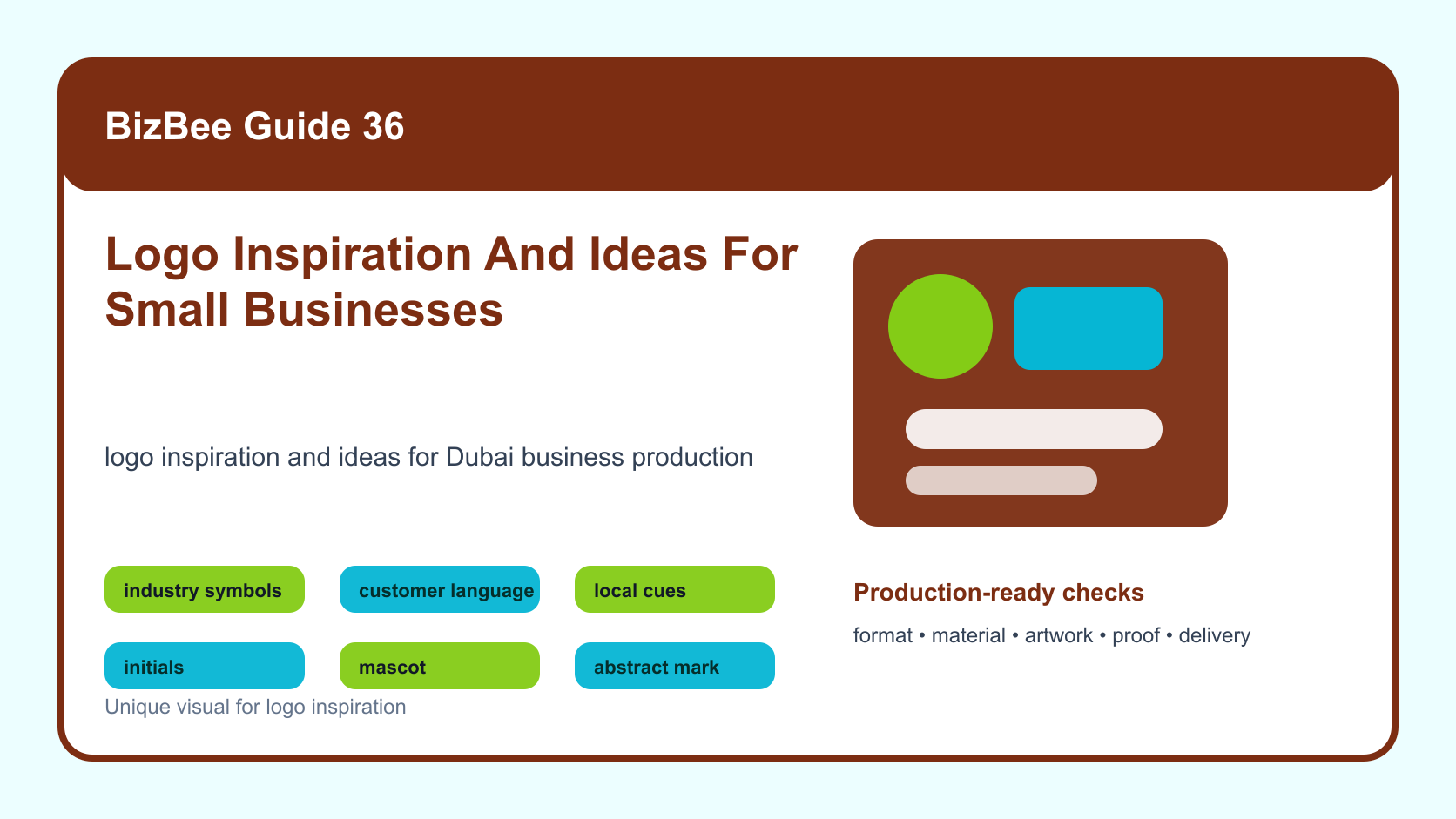 BizBee guide visual for logo inspiration and ideas for small businesses showing logo inspiration board with sketches, symbols, typography, color, industry cues and print applications.