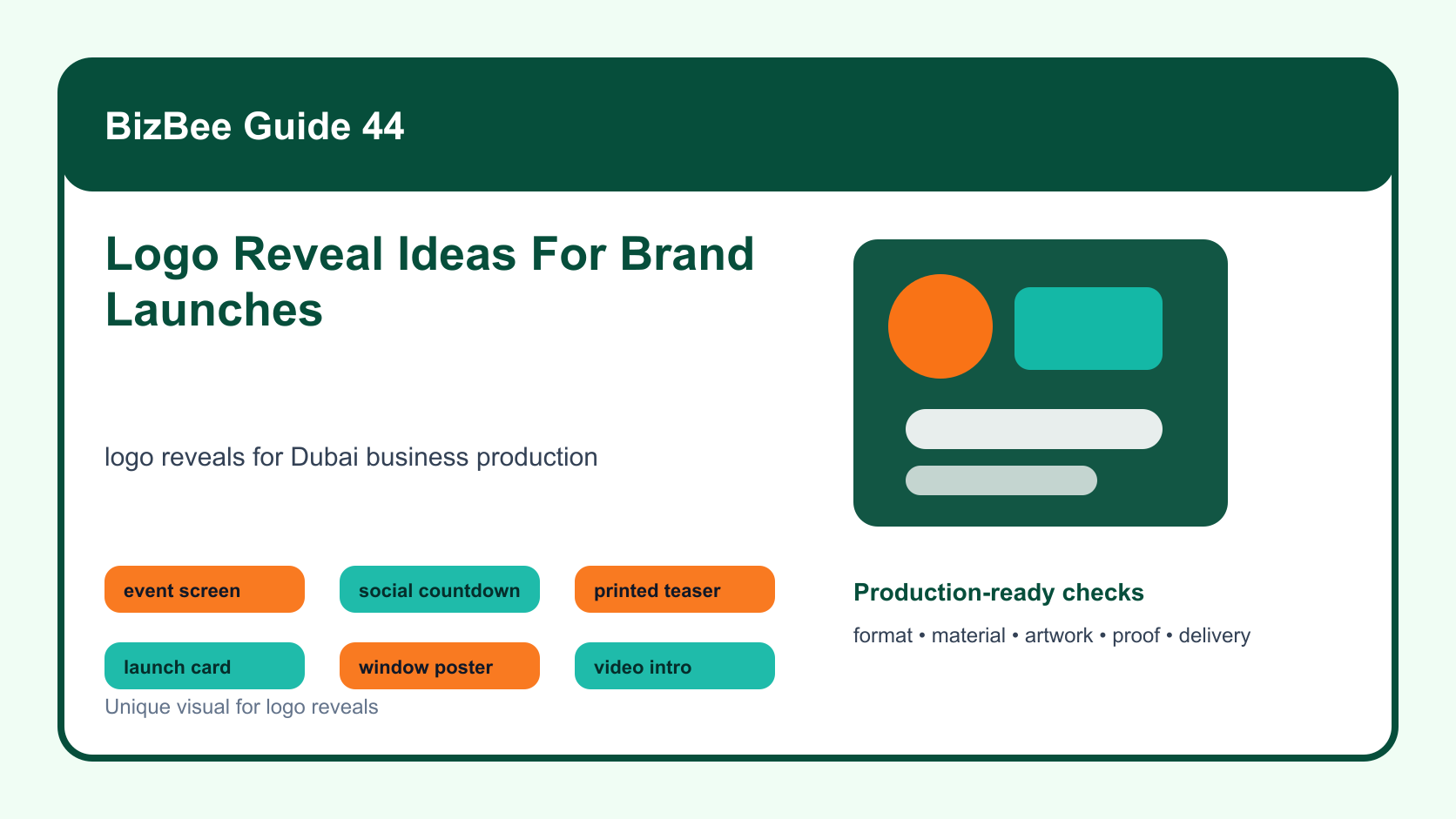 BizBee guide visual for logo reveal ideas for brand launches showing logo reveal launch board with teaser card, event screen, social frames, poster, video intro and final logo.