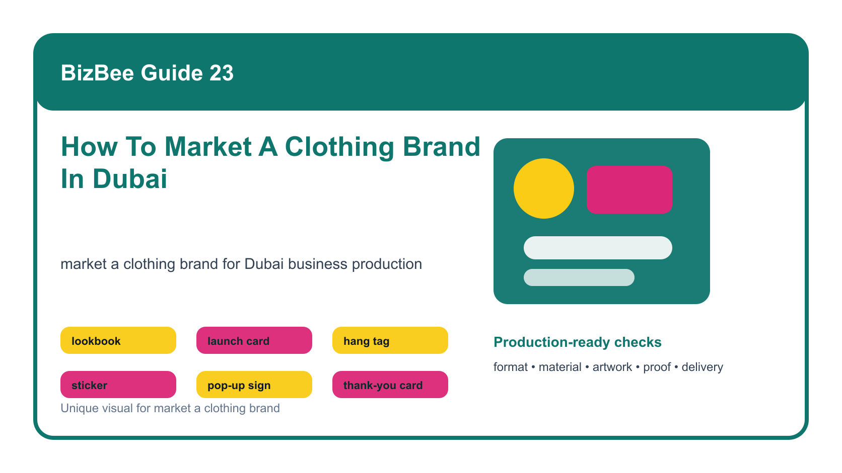 BizBee guide visual for how to market a clothing brand in dubai showing clothing brand marketing board with lookbook, hang tag, stickers, pop-up sign, packaging and content plan.