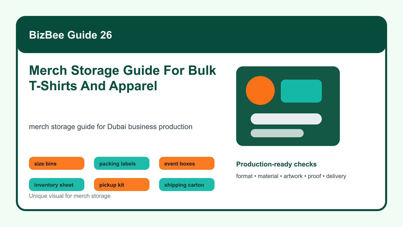 BizBee guide visual for merch storage guide for bulk t-shirts and apparel showing merch storage and transport board with labeled size bins, cartons, inventory sheet and event pickup kits.
