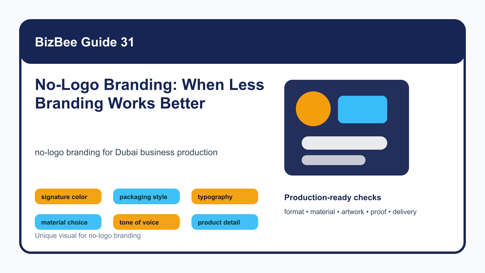 BizBee guide visual for no-logo branding: when less branding works better showing subtle brand identity board with color, material, typography, packaging, tone and minimal logo use.