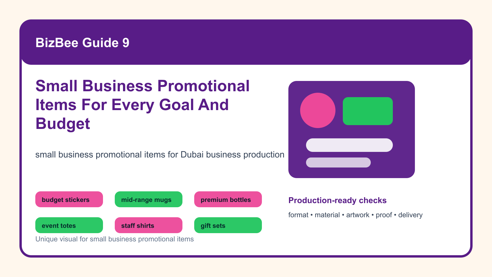 BizBee guide visual for small business promotional items for every goal and budget showing promotional item budget ladder showing basic, mid-range and premium branded products.