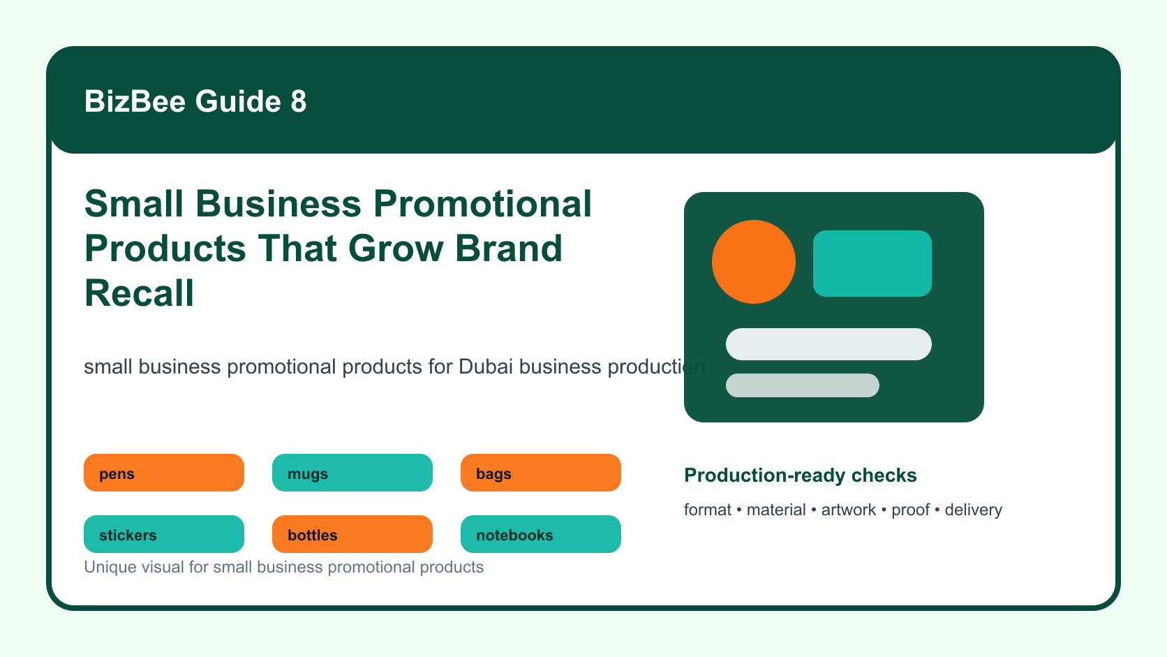 BizBee guide visual for small business promotional products that grow brand recall showing small business promotional product set with drinkware, bags, stickers, pens, notebooks and campaign cards.