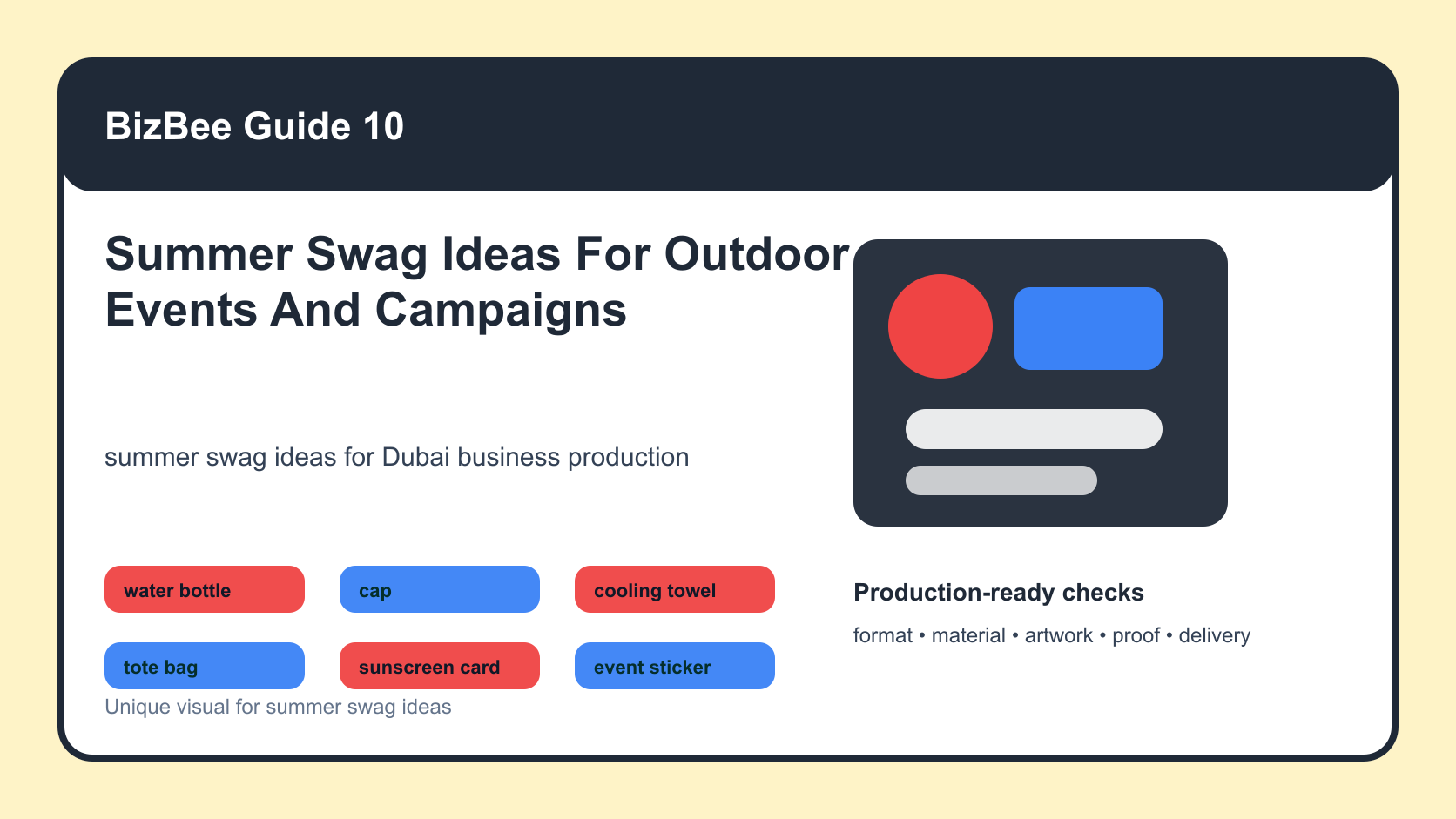 BizBee guide visual for summer swag ideas for outdoor events and campaigns showing summer swag kit with bottle, cap, tote, towel, stickers and event card.