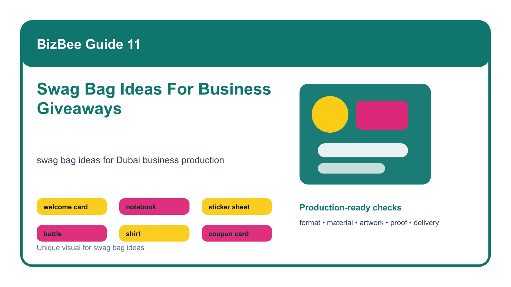 BizBee guide visual for swag bag ideas for business giveaways showing swag bag planning board with bag, card, bottle, notebook, sticker sheet, shirt and QR offer.