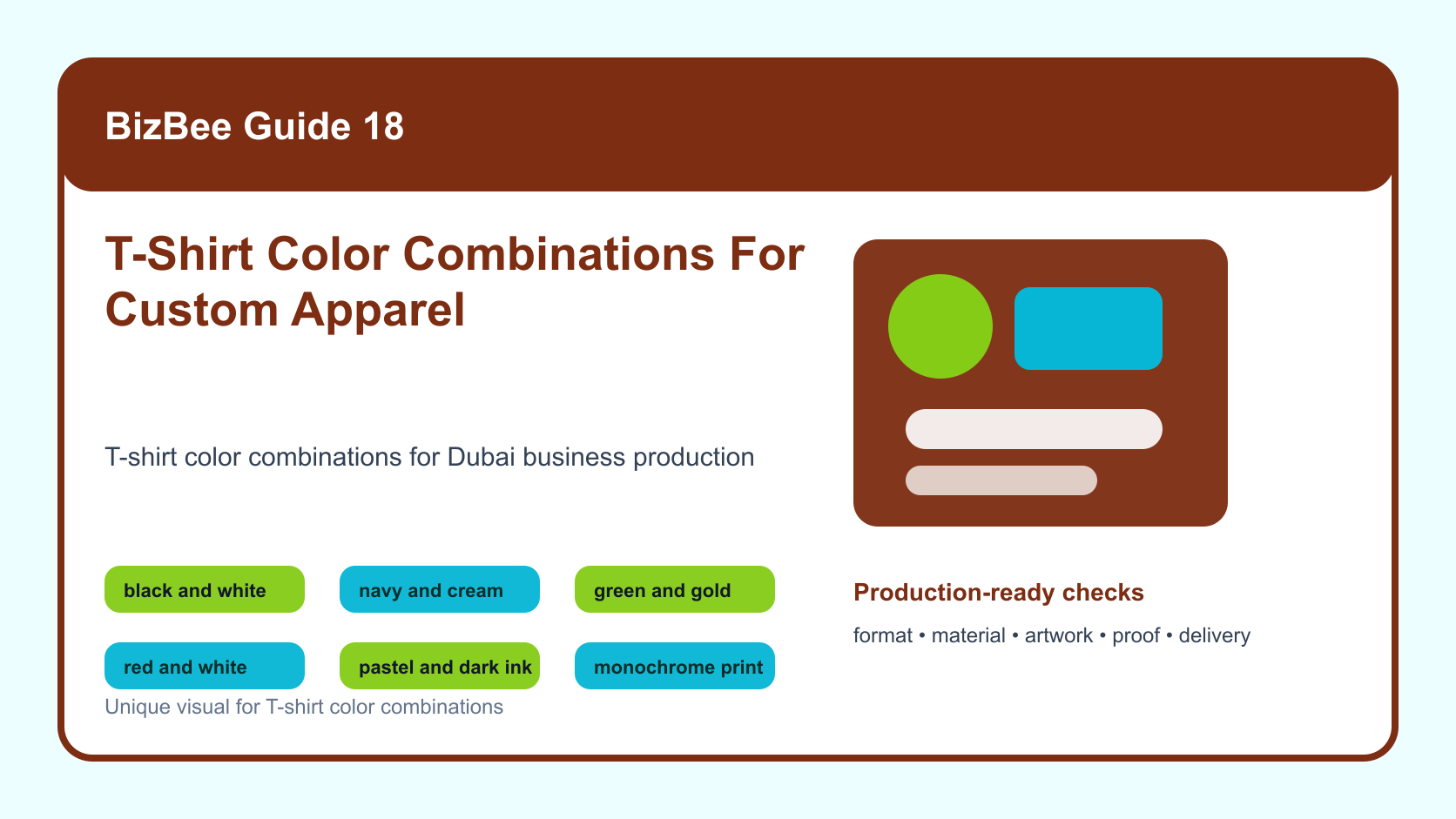BizBee guide visual for t-shirt color combinations for custom apparel showing T-shirt color combination grid with shirt swatches, ink colors and contrast checks.