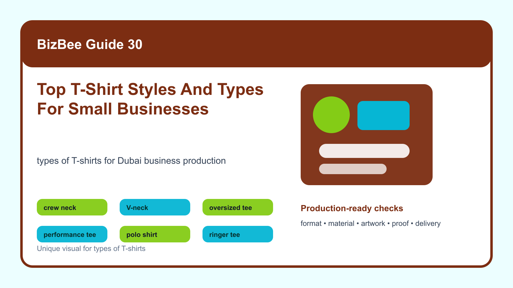BizBee guide visual for top t-shirt styles and types for small businesses showing T-shirt style board with crew, V-neck, oversized, performance, polo and ringer tee options.