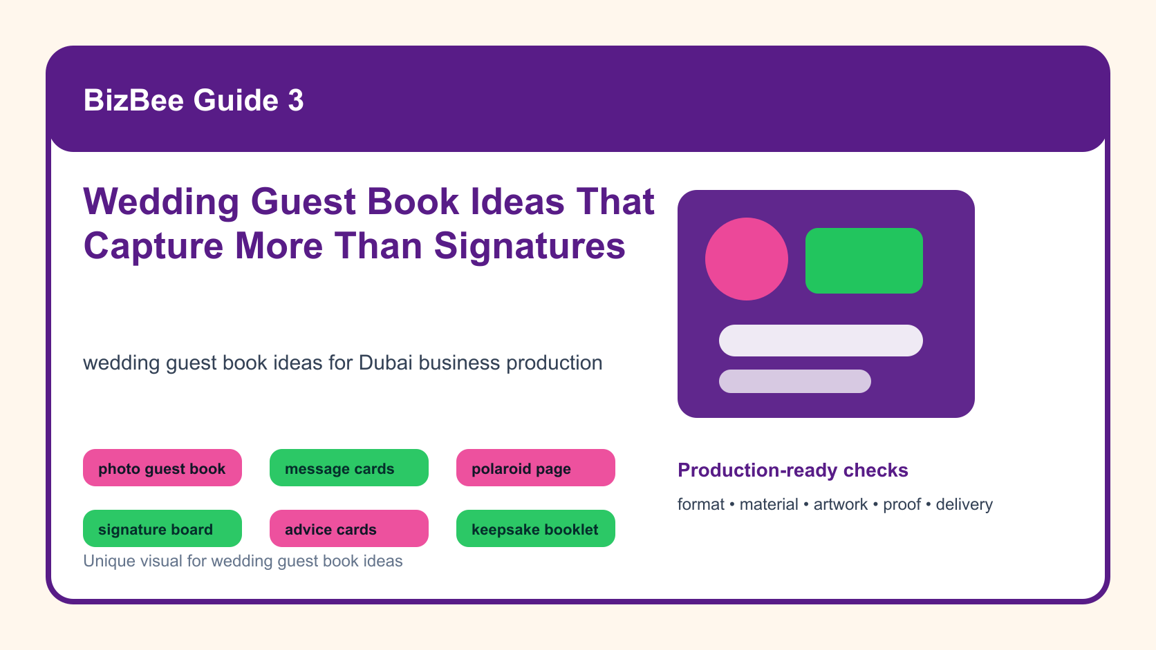 BizBee guide visual for wedding guest book ideas that capture more than signatures showing wedding guest book idea board with photo book, message cards, signature board and keepsake booklet.