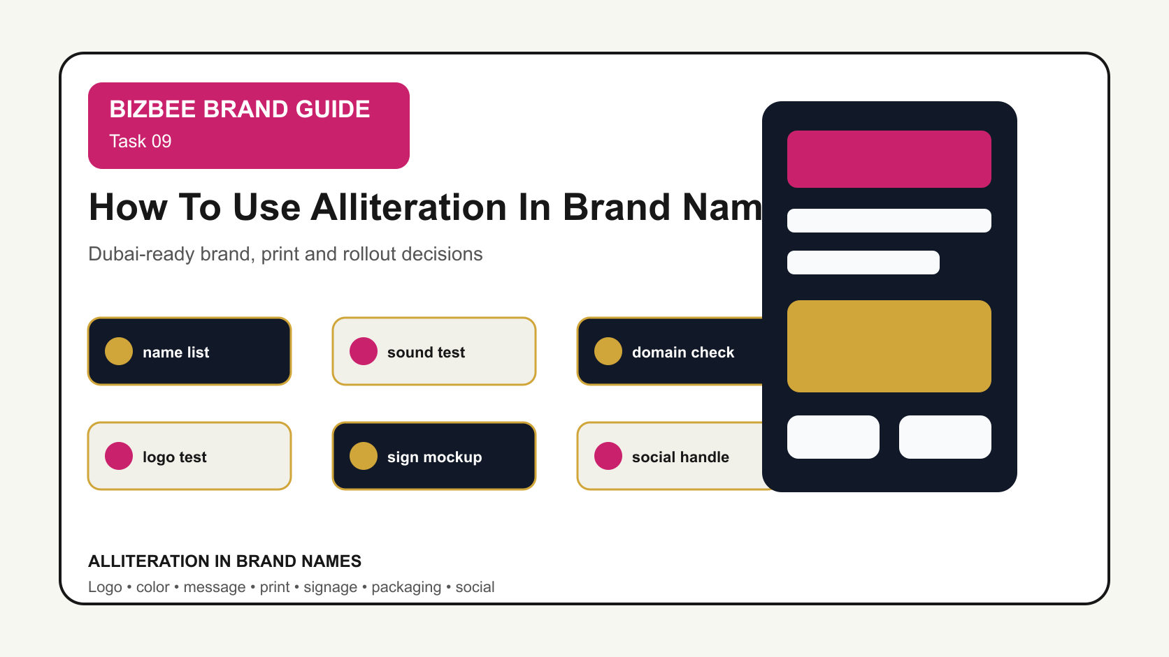 BizBee guide visual for how to use alliteration in brand names showing brand naming worksheet with alliteration examples, domain checks, logo mockups and sign tests.