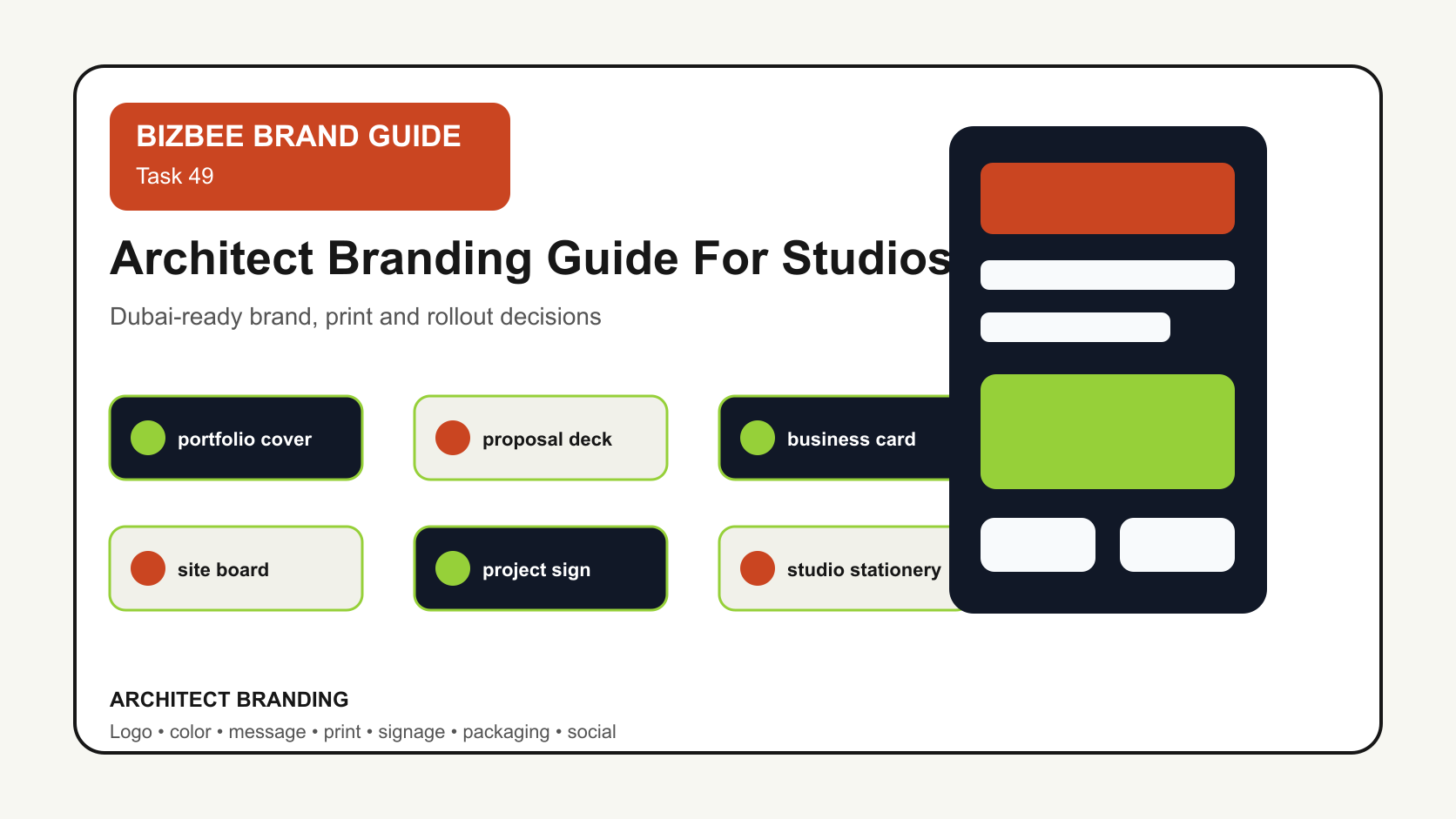 BizBee guide visual for architect branding guide for studios and consultants showing architect brand kit with portfolio cover, proposal deck, business card, project board, signage and stationery.