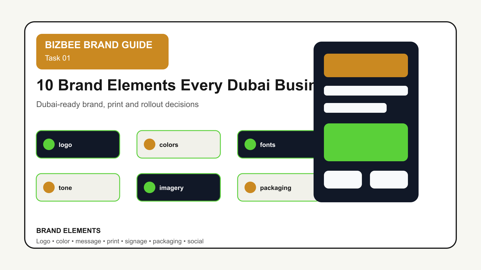 BizBee guide visual for 10 brand elements every dubai business needs showing full brand elements system with logo, colors, fonts, packaging, signage, social templates and stationery.
