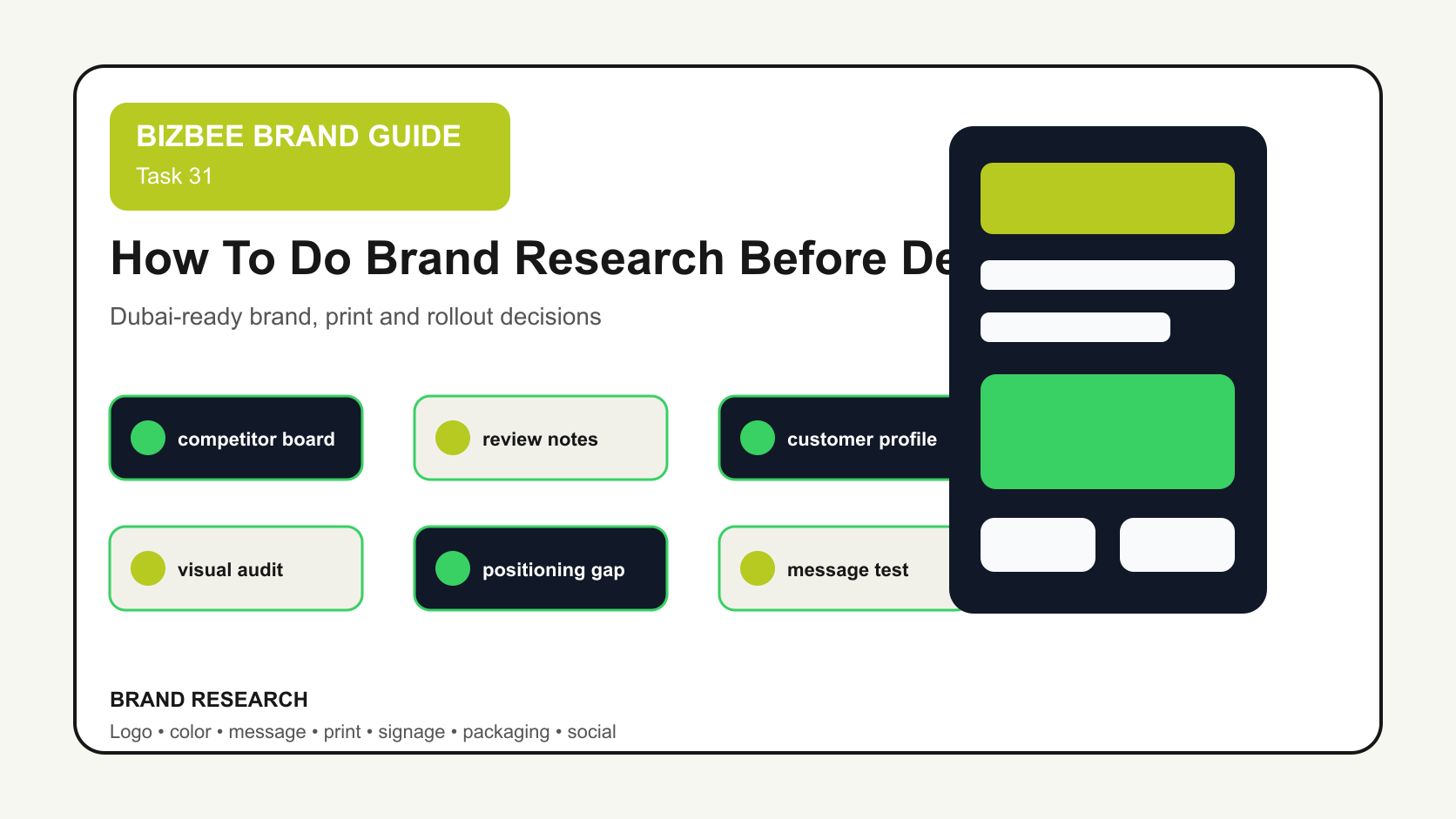 BizBee guide visual for how to do brand research before designing showing brand research board with competitor audit, customer notes, reviews, positioning gaps and visual references.