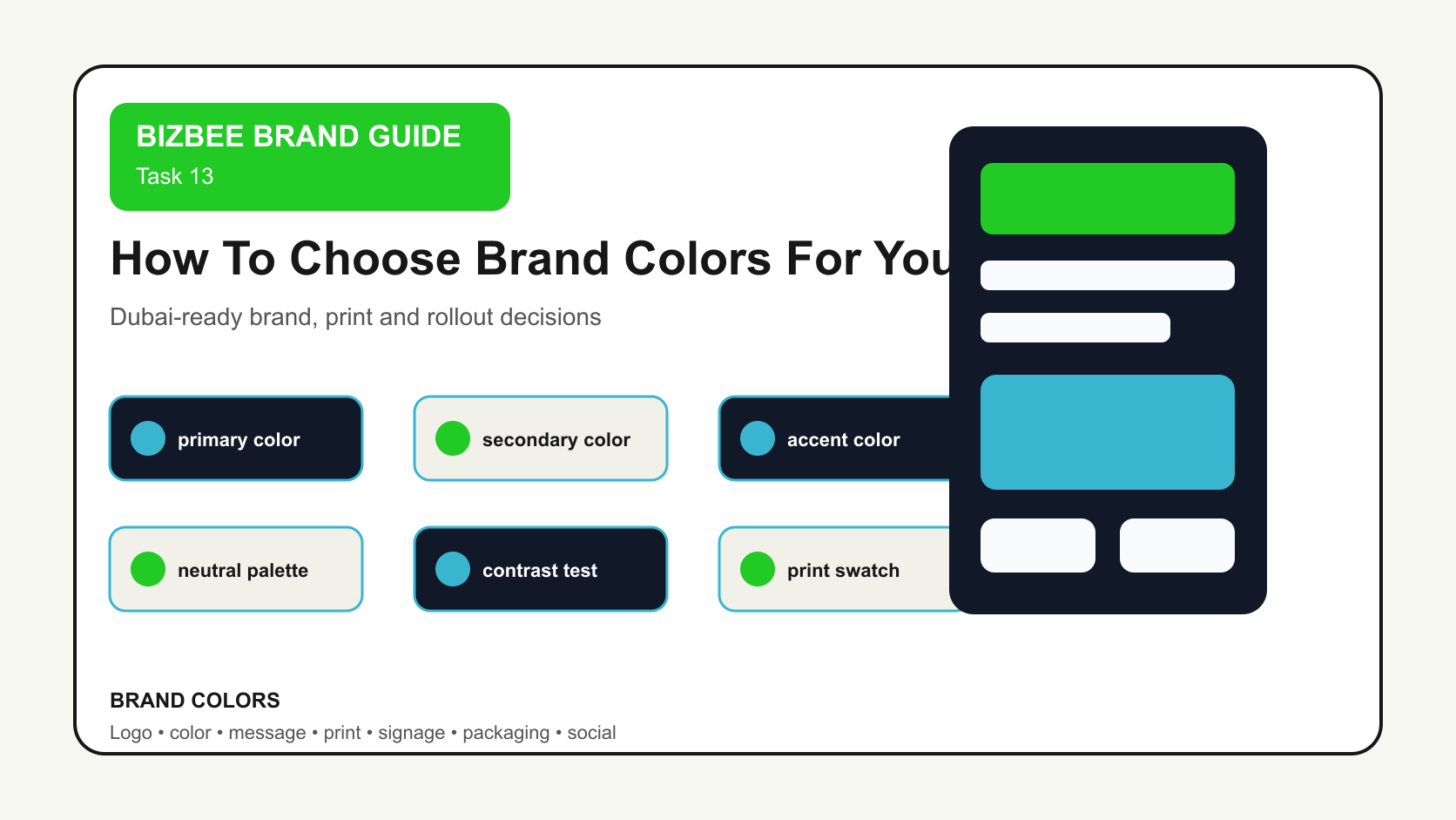 BizBee guide visual for how to choose brand colors for your business showing brand color palette board with psychology notes, contrast checks, print swatches and sample materials.