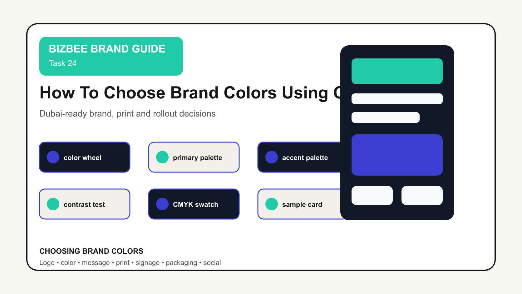 BizBee guide visual for how to choose brand colors using color theory showing color theory brand board with color wheel, palettes, contrast checks, swatches and business card tests.