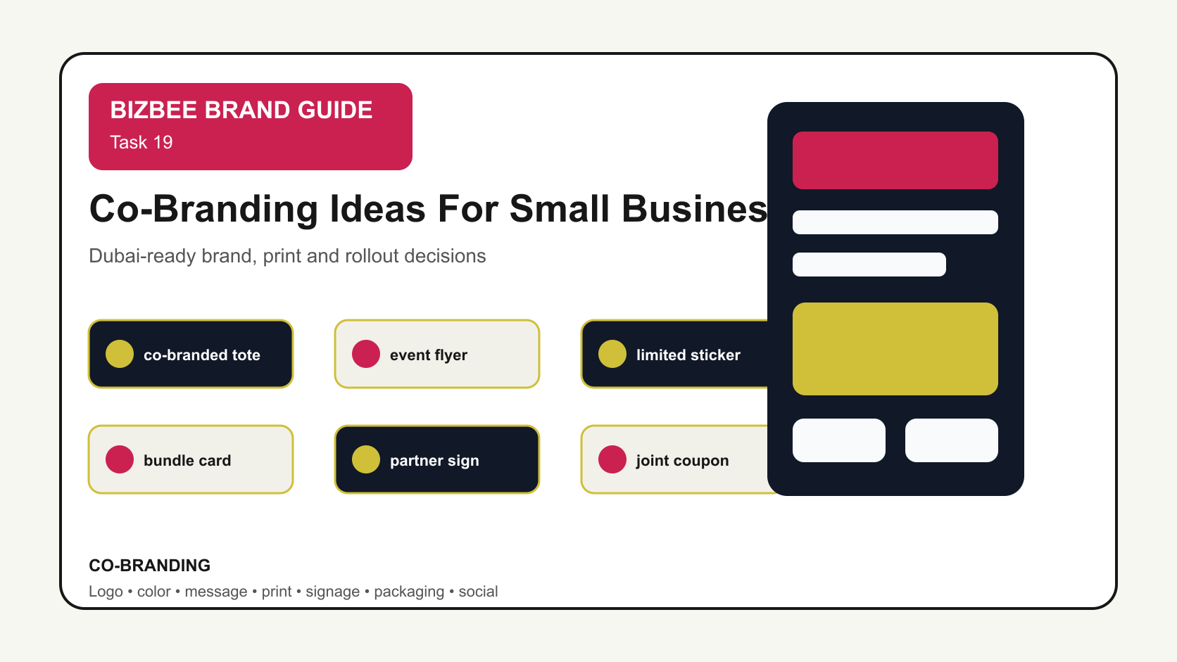 BizBee guide visual for co-branding ideas for small businesses showing co-branding campaign kit with shared tote, flyer, sticker, coupon, partner signage and packaging.
