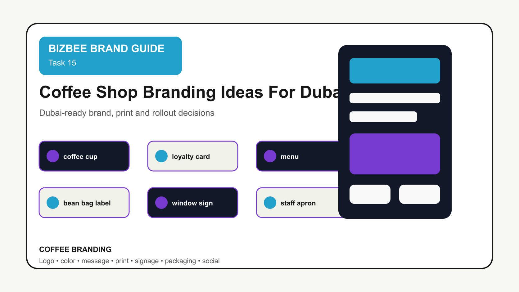 BizBee guide visual for coffee shop branding ideas for dubai cafes showing coffee shop brand kit with cups, bags, menu, loyalty card, stickers, signage and apron.