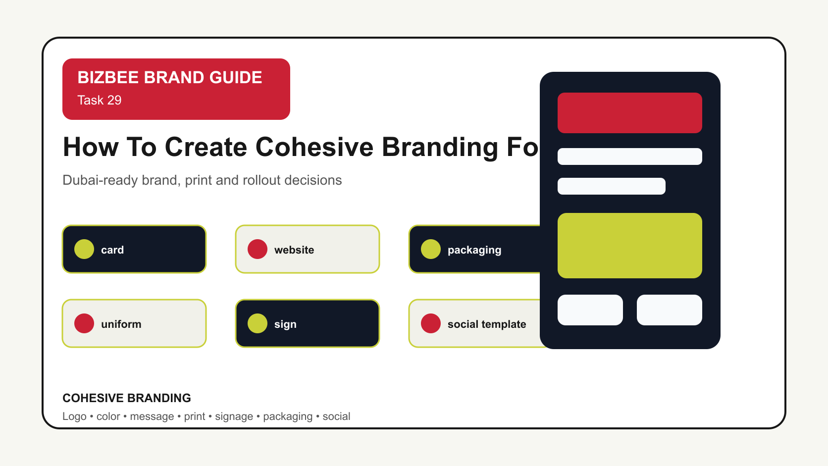 BizBee guide visual for how to create cohesive branding for your business showing cohesive branding board with website, cards, packaging, uniforms, signage and social templates.