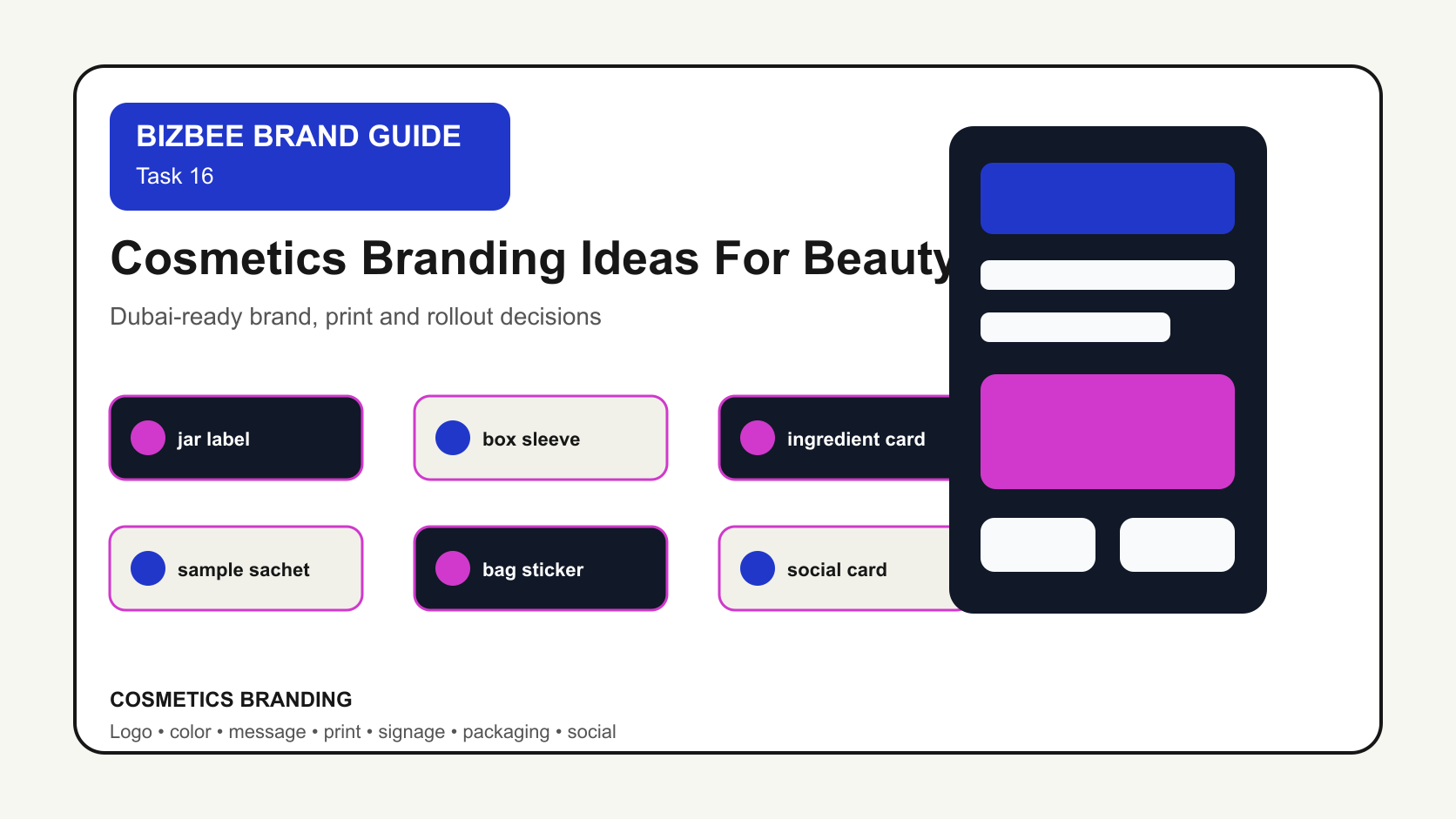 BizBee guide visual for cosmetics branding ideas for beauty businesses showing cosmetics brand kit with labels, boxes, ingredient card, sample packaging, stickers and social tiles.