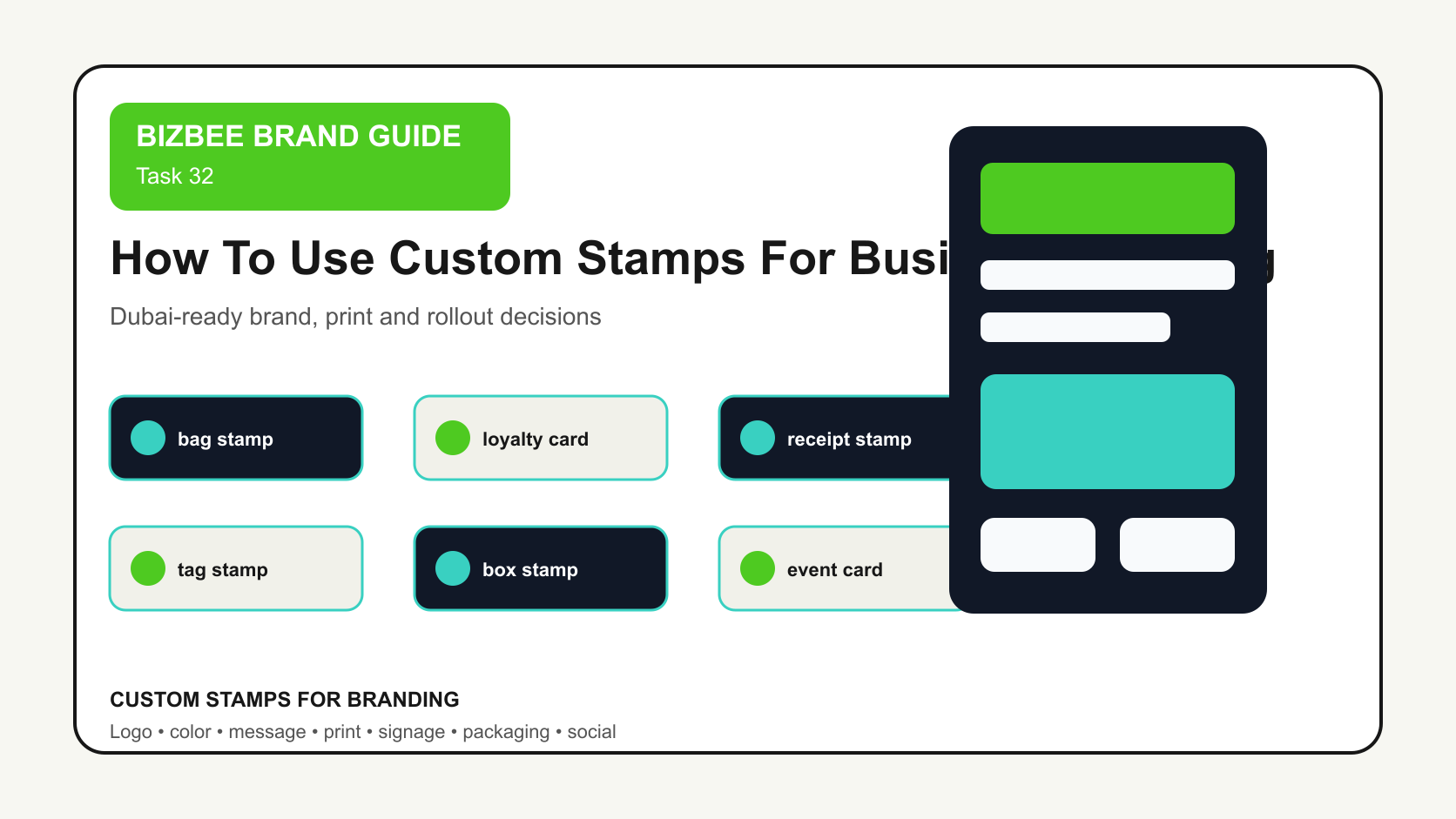BizBee guide visual for how to use custom stamps for business branding showing custom stamp application board with bags, loyalty cards, tags, boxes, receipts and event cards.
