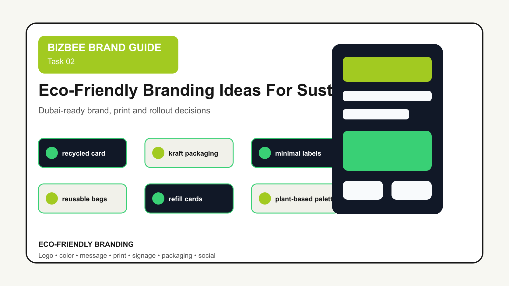 BizBee guide visual for eco-friendly branding ideas for sustainable businesses showing eco-friendly brand kit with recycled paper, reusable bags, kraft packaging, labels and simple green palette.