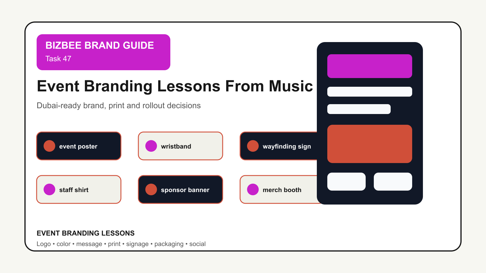 BizBee guide visual for event branding lessons from music festivals showing event branding kit with posters, wristbands, signs, shirts, sponsor banners and merch booth materials.