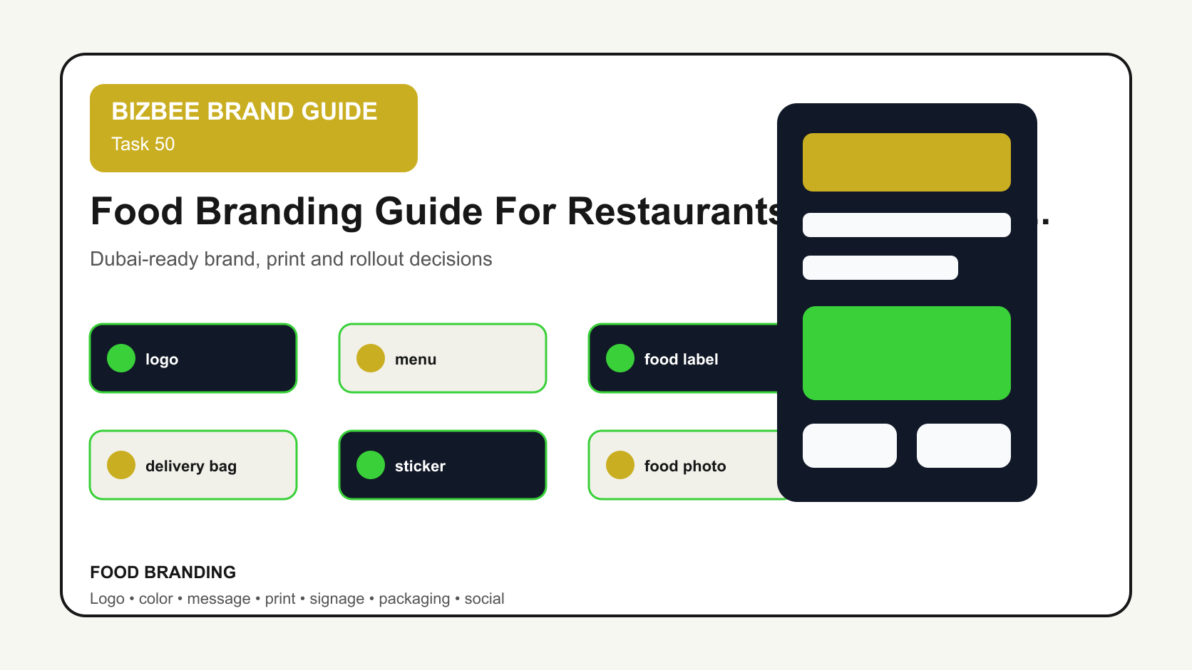 BizBee guide visual for food branding guide for restaurants and packaged products showing food brand application board with logo, packaging, menu, label, delivery bag, sticker and food photography.