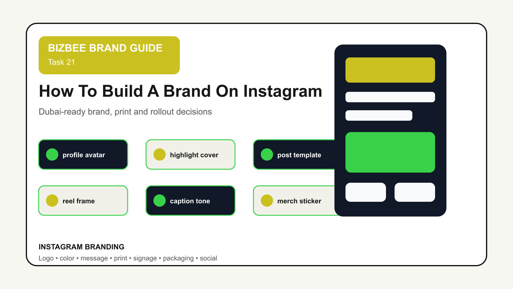 BizBee guide visual for how to build a brand on instagram showing Instagram brand kit with profile avatar, highlight covers, post templates, reel frames, captions and merch stickers.
