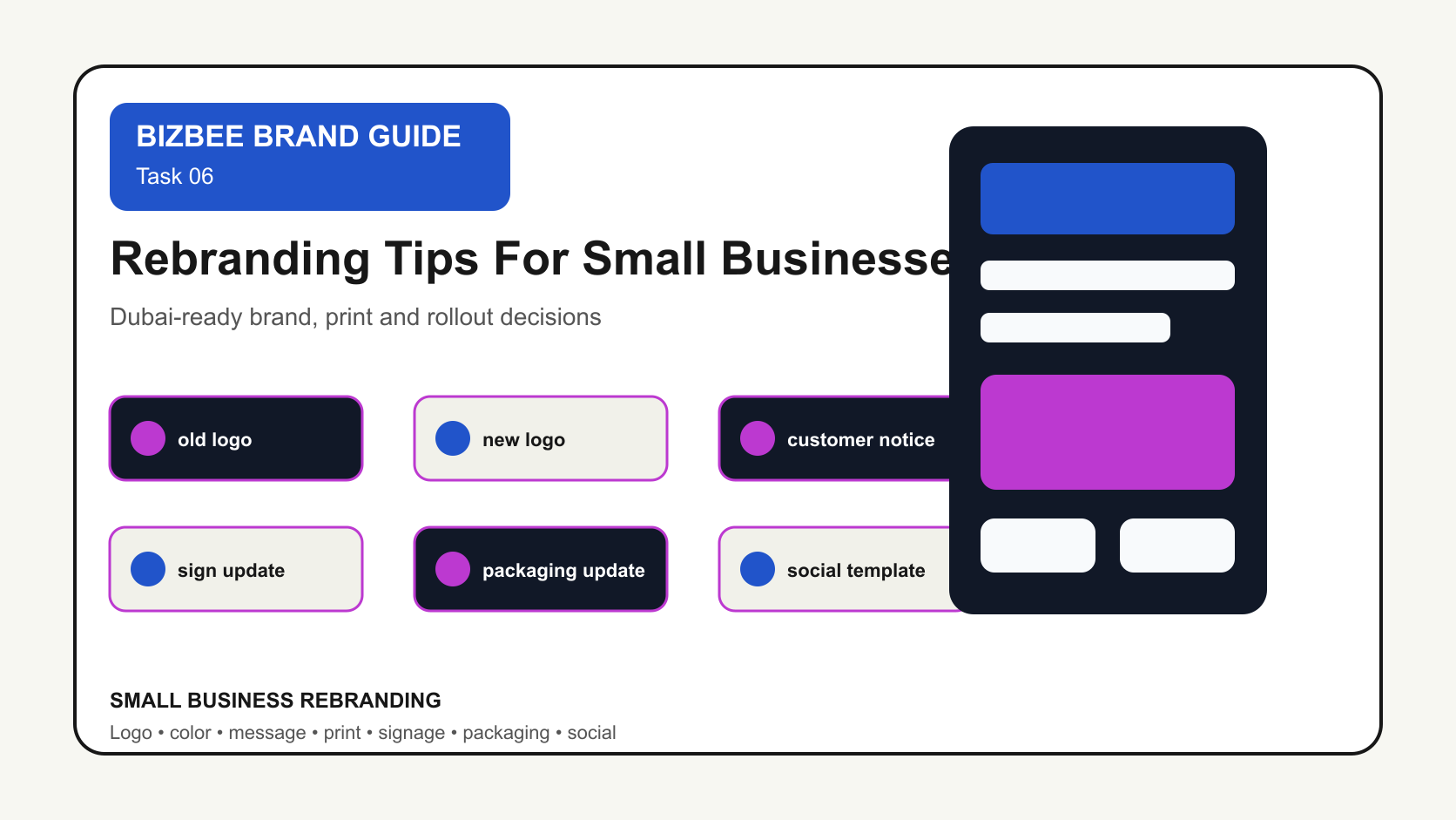 BizBee guide visual for rebranding tips for small businesses showing old-to-new rebrand board with logo update, signage, cards, packaging and customer announcement.
