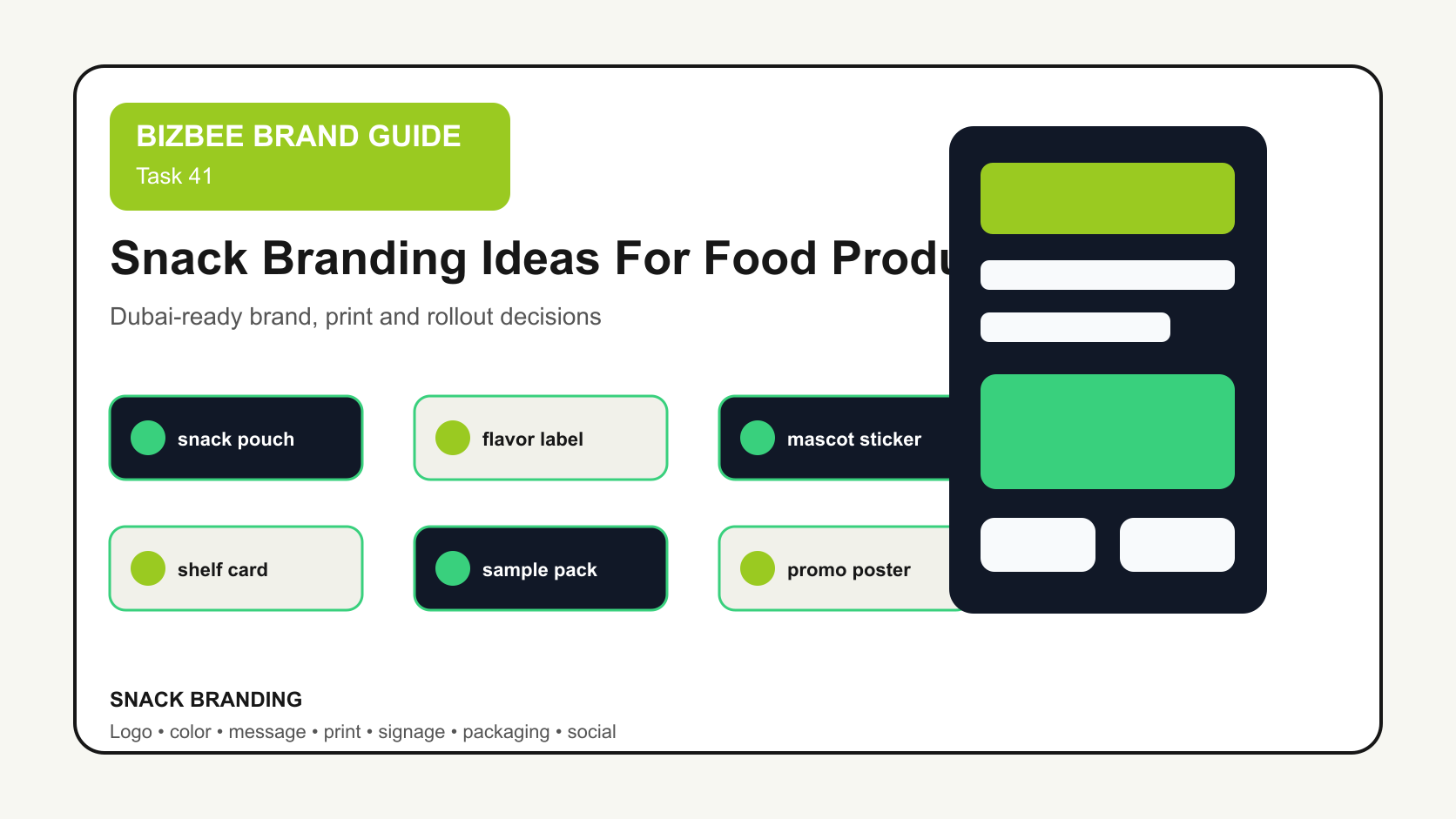 BizBee guide visual for snack branding ideas for food products showing snack branding board with pouches, labels, mascots, shelf cards, sample packs and promo posters.