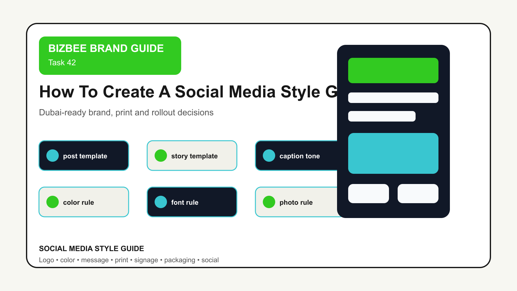 BizBee guide visual for how to create a social media style guide showing social media style guide board with templates, captions, color rules, fonts, photo style and campaign examples.