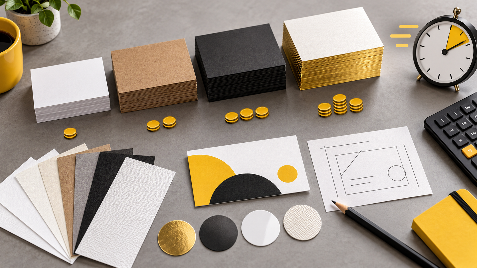 BizBee business-card guide visual for how much should business cards cost in dubai? showing cost factor board with quantity stacks, paper swatches, finish samples, timing and proofing props.