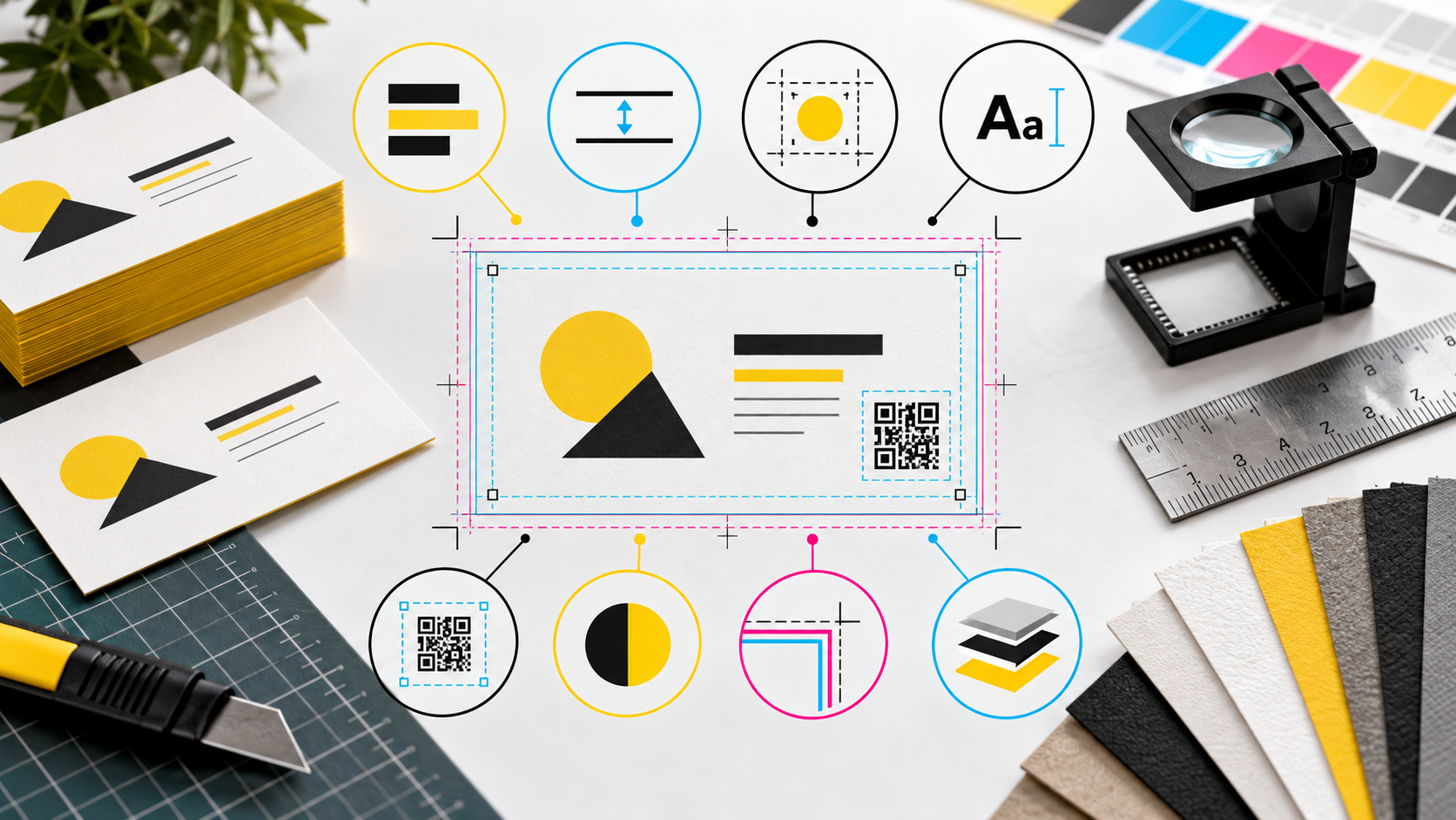 BizBee business-card guide visual for business card design rules for professional cards in dubai showing print design checklist diagram with hierarchy, spacing, logo area, QR safe space, trim and paper swatches.
