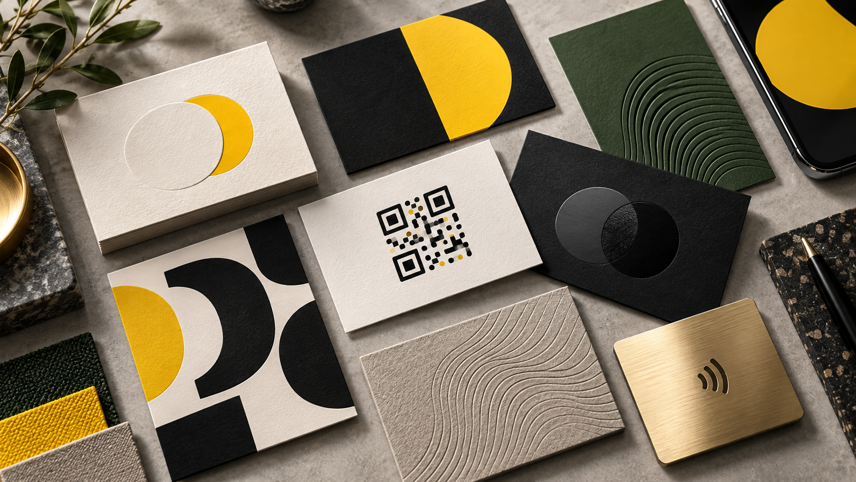 BizBee business-card guide visual for business card design trends for dubai brands showing modern trend board with QR layouts, textured stocks and premium finish swatches.