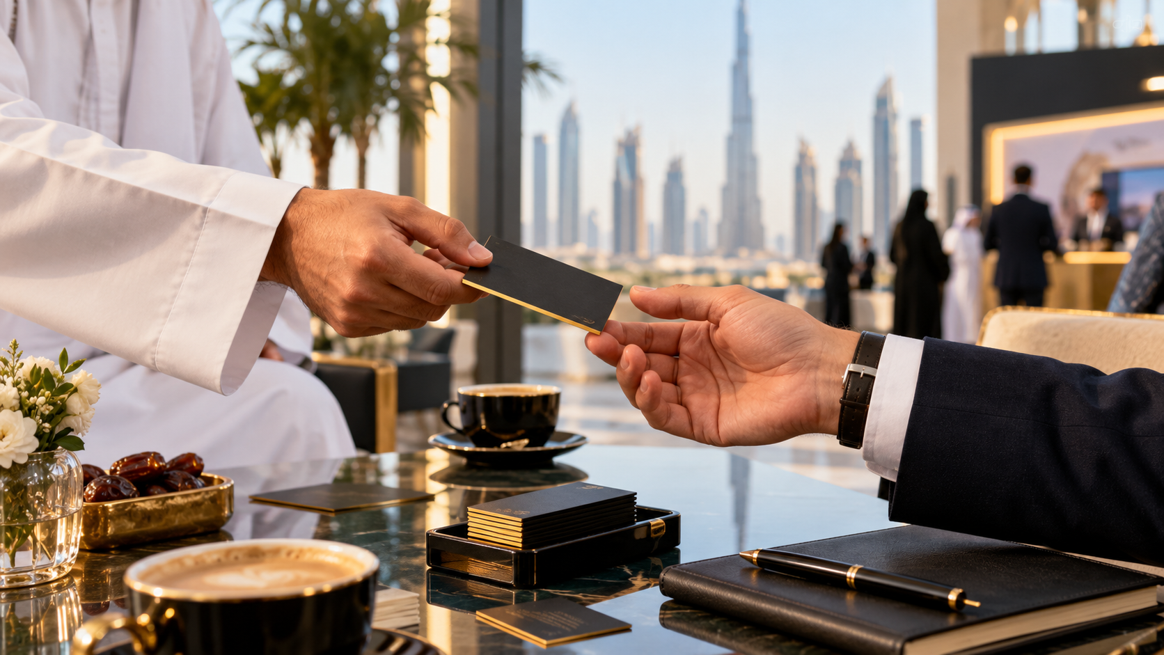 BizBee business-card guide visual for business card etiquette for dubai networking showing professional card exchange at a Dubai business meeting with no faces or readable text.