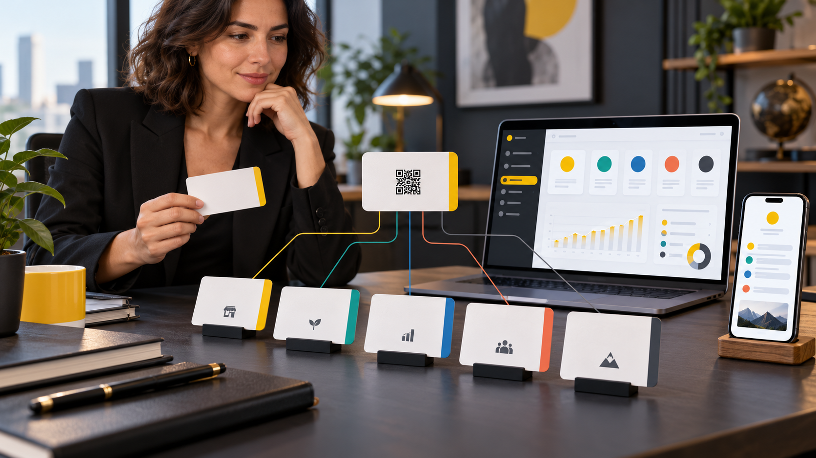 BizBee business-card guide visual for how to design a business card for multiple businesses in dubai showing founder desk with connected cards, QR landing page cue and sub-brand color tabs.