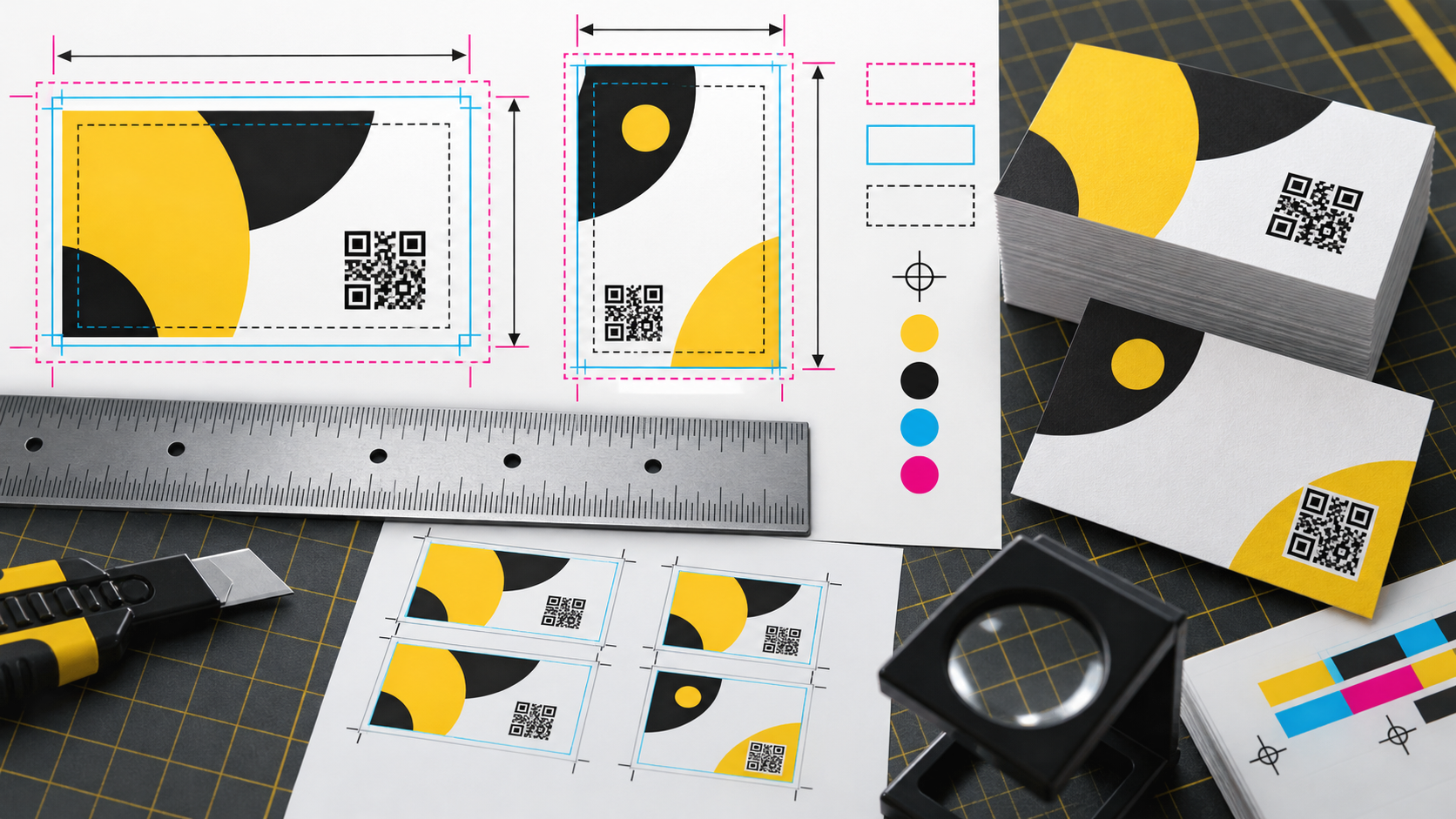 BizBee business-card guide visual for business card size and dimension guide for dubai printing showing dimension diagram showing card size, bleed, trim, safe area, portrait, landscape and QR placement.