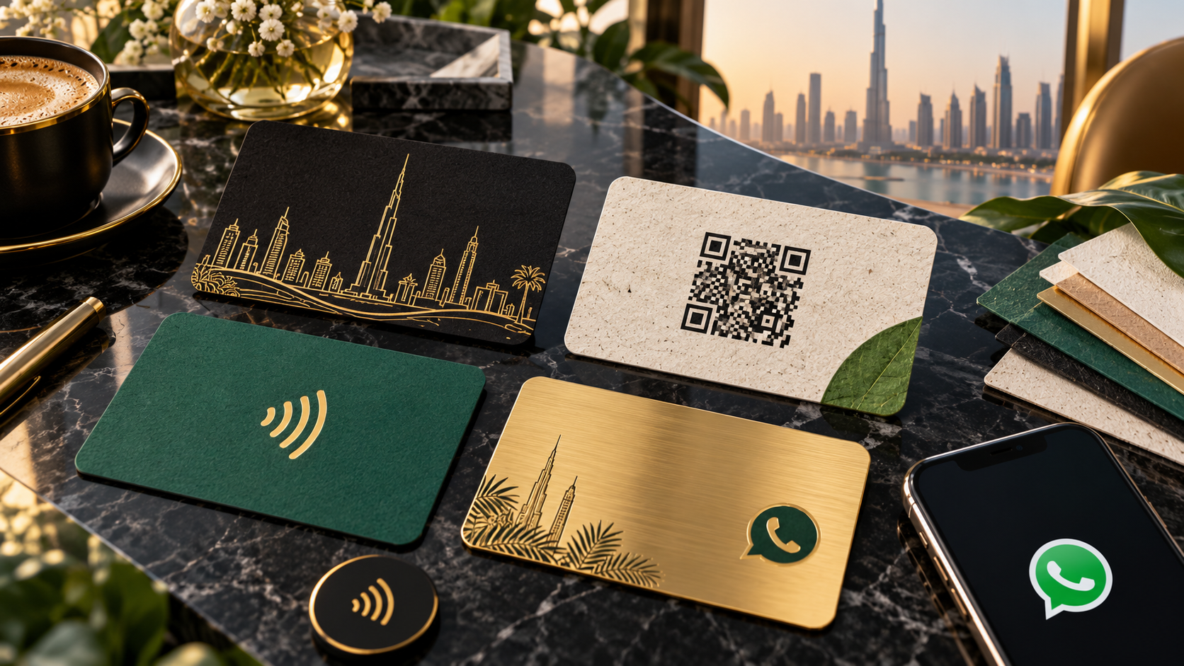 BizBee business-card guide visual for business card trends to watch in dubai showing future-style cards with QR, NFC/contactless cues, sustainable paper and Dubai networking context.