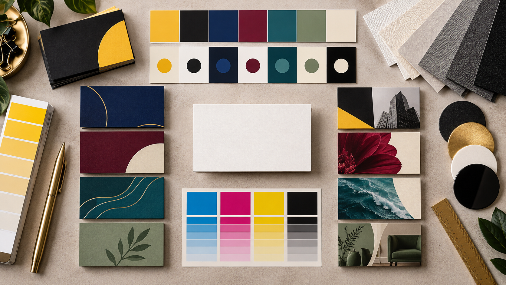 BizBee business-card guide visual for how to choose business card colors for dubai printing showing color strategy board with palette swatches, card samples and paper finish comparisons.